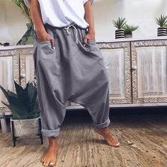 Women's Fashion Streetwear Chinos Harem Pants Side Pockets Baggy Elastic Drawstring Design Full Length Pants Casual Weekend Micro-elastic Plain Linen / Cotton Blend Comfort Mid Waist Loose Blue Gray 2023 - AU $34.99 Avante Garde Fashion, Harem Pants Pattern, Sarouel Pants, Plain Tank Tops, Linen Harem Pants, Check Pants, Mid Waist Pants, Harem Trousers, Drop Crotch Pants