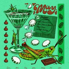 a drawing of a grasshopper next to a martini glass with candy on the rim