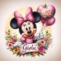 a minnie mouse with balloons and flowers on it's head that says gisela