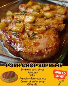 an advertisement for pork chops supreme with potatoes