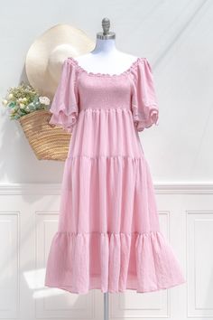 Lovely and romantic, the fairytale-inspired Betsy Dress in rose pink features a smocked bodice with a square neckline, waist tie detail, and a cloud-like, romantic tea-length skirt. It can be styled off the shoulder as well, for a more feminine touch. Please Note- This item is final sale only. . S: Bust: 32"-38", Waist 28"-38", Length: 46" M: Bust 34"-40", Waist 30"-40", Length: 47" L: Bust 36"-42", Waist 32"-42", Length: 48" Length Measured from Shoulder Length Waist to Hem: 32" Features Pocket Oc Dress, Romantic Clothes, Romantic Tea, Cream Midi Dress, Tea Length Skirt, Rose Maxi Dress, Sleepwear Fashion, Aesthetic Dress, Cotton Midi Skirt