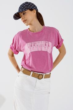 Elevate your spring wardrobe with our Belleville Washed Effect Pink T-Shirt, a stylish and versatile piece that exudes casual charm. Crafted with care in Italy from 100% cotton, this t-shirt offers both comfort and quality for all-day wear.  Featuring a classic crew neckline and short sleeves, this t-shirt boasts a relaxed fit that's perfect for casual outings. The washed effect adds a subtle vintage-inspired touch, while the Belleville print on the chest in pink adds a pop of color and personality.  Designed for effortless styling, this t-shirt pairs perfectly with a white skirt or jeans for a chic and laid-back spring look. Whether you're running errands or meeting friends for brunch, this t-shirt is sure to keep you comfortable and stylish all day long.  Available in one size fits most, White Skirt, Pink Tshirt, Spring Looks, Knitwear Tops, Spring Wardrobe, Fit Style, Casual Elegance, Shirt Collar, White Skirts