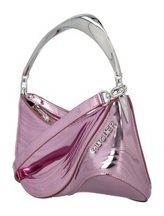 Metallic Curve 01 By Mugler. Featuring: Mirror Laminated Fabric Silver Metal Top Handle Zip Fastening Interior Pocket Adjustable Shoulder Strap Height: 18cm Width: 23cm Depth: 9cmComposition: 66% polyurethane, 34% polyester Mugler Bag, Mugler Crystal, Mugler Alien, Thierry Mugler Purse, Mugler Star Bag, Feminine Mystique, French Fashion Designers, Metallic Pink, Pink Mini