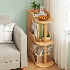 a living room with a couch, chair and bookshelf on the corner shelf