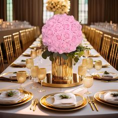 a table set with gold plates and pink flowers in a vase on top of it