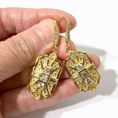 "A pair of Gatsby Art Deco wedding bridal earrings with 1920s vintage style wedding inspired geometric details. These stunning, lightweight earrings are made of sparkly clear cubic zirconia with silver rhodium white or yellow or rose gold plated tarnish-resistant hooks. Earrings are about 1 3/4\" (4.5cm) with hooks. * We offer 2 earring lengths of the same design. Listed here are the shorter ones. View matching pieces or similar designs at https://etsy.me/2Mu6wjC Matching brooch pin at https://e Art Deco Diamond Drop Earrings For Formal Occasions, Art Deco Diamond Earrings For Formal Occasions, Antique Gold Bridal Earrings For Formal Occasions, Art Deco Evening Earrings With Diamond Accents, Victorian Gold Bridal Earrings For Formal Occasions, Gold Victorian Bridal Earrings For Formal Occasions, Victorian Bridal Earrings For Anniversary, Art Deco Drop Diamond Earrings For Anniversary, Art Deco Dangle Bridal Earrings For Formal Occasions