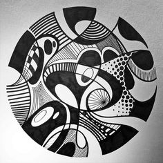 black and white drawing of an abstract design on a piece of paper with the word's name written in it