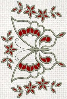 a cross stitch pattern with red flowers and leaves on white fabric, in the shape of a heart