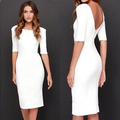 White Backless Dress With Back Zipper For Summer, White Backless Summer Dress With Zipper, Fitted Midi Backless Dress With Cutout Back, White Midi-length Bodycon Dress For Club, White Midi Bodycon Dress For Club, White Knee-length Bodycon Dress For Club, Backless Bodycon Dress With Back Zipper, Elegant White Backless Dress For Club, Fitted White Backless Dress For Club