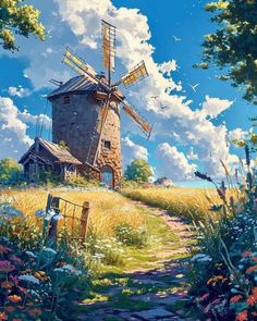 a painting of a windmill in the middle of a field with wildflowers and trees