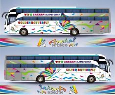 two white buss with colorful graphics on the front and back sides, side by side