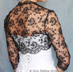 This amazing, gentle and very feminine and can become a special  to your wedding dress ! It will compliment any  dress, cocktail dress or evening gown. It will be perfect also for your bridesmaids.Made with  beautiful lace and sequins.Available color black.This bolero measures approximately 12"-13" from the base of your neck down the center back.Bust 34"-35".3/4 sleeve--17 inch.Available sleeve--22 inch.   Care instructions: Hand wash, cold water, no bleach, rinse well and promptly remove. Fitted Evening Shrug With Lace Sleeves, Evening Fitted Shrug With Lace Sleeves, Lace Shrug With Lace Trim For Wedding, Long Sleeve Lace Shrug For Wedding, Lace Long Sleeve Wedding Shrug, Long Sleeve Lace Wedding Shrug, Wedding Shrug With Lace Sleeves, Elegant Lace Wedding Shrug, Lace Bolero Jacket