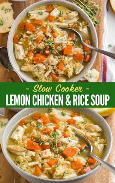 two bowls of slow cooker lemon chicken and rice soup