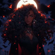 a woman with long curly hair standing in front of a full moon and flying bats