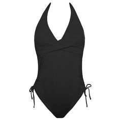 a black one piece swimsuit with an open back and tie at the waist, on a white background