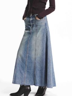 MO&Co. Women's A-line Maxi Denim Skirt This denim skirt is expertly crafted from comfortable cotton, offering a lightly faded blue wash and raw hem for a trendy touch. Its A-line maxi silhouette adds a flattering and versatile option to any wardrobe. Pair with our knit cardigan for a stylish look. Features : - High waist A-line maxi silhouette- Seams detail and raw hem- Zip fly, Side pockets Code: MBD3SKT027The back length of size S is 91.5cmMATERIALS & CARE Material: 100% CottonPlease put it in Outfit Sets For Women, Maxi Denim Skirt, Upcycled Jeans, Spring Summer Autumn Winter, Fashion Tape, Upcycle Jeans, Denim Maxi Skirt, Mesh Bag, Autumn Winter Fashion