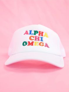 Show off your sorority spirit and sisterhood with the Fun Times Sorority Trucker Hat! This white hat features your sorority house in rainbow letters embroidered across the front with a mesh back. A classic and fun trucker hat design, this cap will get you noticed wherever you go. White trucker hat Rainbow embroidered design Mesh back Official Greek Licensed Available Sorority Chapters: Alpha Chi Omega, Alpha Delta Pi, Alpha Omicron Pi, Chi Omega, Delta Delta Delta, Delta Gamma, Delta Zeta, Kappa Alpha Delta Pi Canvas, Bid Day Gifts, Alpha Alpha, Recruitment Sorority, Omega Alpha, Alpha Epsilon Phi, Delta Chi, Alpha Sigma Tau, Alpha Sigma