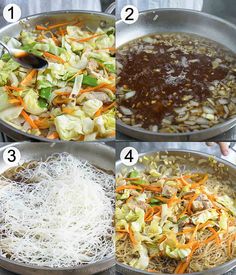 four pictures showing how to cook vegetables in a wok with grated parmesan cheese