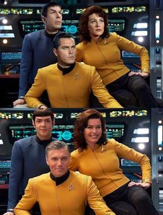 the crew of star trek posing for pictures