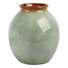 a green vase with a brown rim on a white background