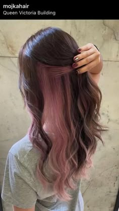 Purple Under Color Hair, Dusty Pink Peekaboo Hair, Light Pink Balayage Brunette, Light Pink Hair Underneath Brown, Pink Hair Ideas For Brunettes, Bubblegum Pink Peekaboo Hair, Hair Dye Colors For Brunettes No Bleach, Pink Underdye Hair Brown, Pink Peekaboo Highlights Brunette