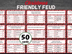 a printable christmas friendly food list with the words 50 cards in red and white