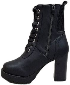 Black Lace-up Boots With Zipper Closure, Trendy Fitted Black Combat Boots, Chic Black Lace-up Boots, Lace Up Combat Boots, Block Heel Boots, Heel Boots, New Black, Black Lace, Combat Boots