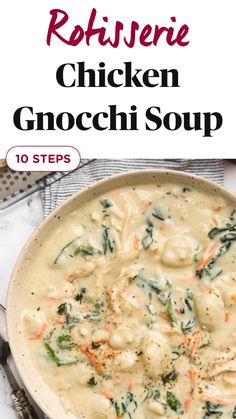 chicken gnocchi soup in a skillet with the title above it