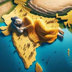 a woman laying on top of a map in the shape of a body of water