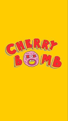 the words cherry bomb are in red and yellow on a yellow background with a donut