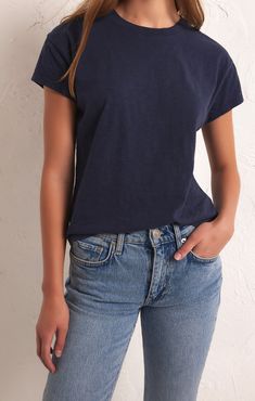 This Essential tee is a must-have in every closet! This casual wardrobe base-layer essential is great for layering and looks so good with your fave pair of jeans. Relaxed fit Cotton Slub Jersey: 100% Cotton Crew neckline Short sleeves Lightweight jersey Barista Outfits, Tee Shirts For Women, Short Loungewear, Plain Tshirt, Ladies Boutique, Base Layer, Casual Wardrobe, Jeans Slim, Sweater Jacket