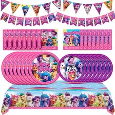 birthday party supplies including plates, napkins and streamers for girls with paw patrol theme