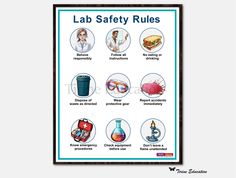 lab safety rules poster with pictures of different items in it and the words lab safety rules below