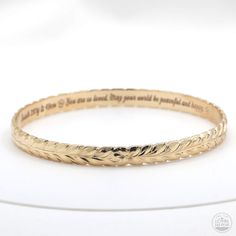 Hawaiian heirloom bracelet Engraved Yellow Gold Bangle, 14k Gold Name Bracelet With Engraving Option, Classic Engraved Yellow Gold Name Bracelet, Classic 14k Gold Bracelet With Hallmarks, Spiritual Engraved Wedding Bangle, Spiritual Engraved Bangle For Wedding, Spiritual Engraved Bangle For Weddings, Heirloom Gold Bracelets Engraved, Heirloom Gold Engraved Bracelets