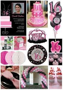 a collage of pink and black items including cake, balloons, decorations, and more