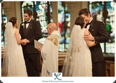 a couple getting married in front of stained glass windows