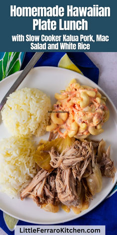 Local style eats, this Hawaiian Plate Lunch is filled with smoky Kalua pork, creamy macaroni salad and cooked white rice. Hawaiian Pork And Rice, Hawaiian Cuisine, Hawaiian Plate Lunch, Creamy Macaroni Salad, Cooked White Rice, Hawaiian Macaroni Salad, Hawaiian Recipes, Kalua Pork