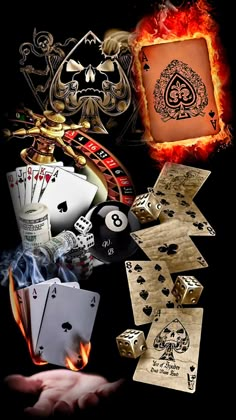 playing cards, dices and fire on a black background