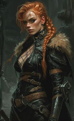 a woman with long red hair wearing armor