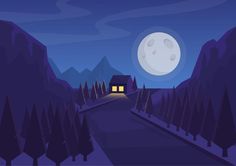 a night scene with a house in the woods