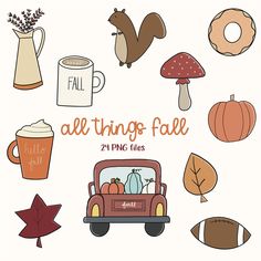 an autumn clipart set with coffee, pumpkins and other things in the background