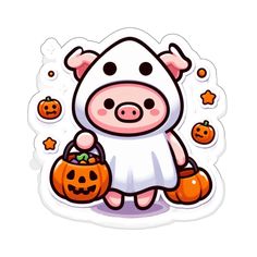 a pig in a white dress with pumpkins