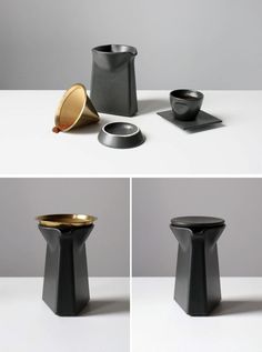 four different views of black and gold vases on white table with grey background, including one in the foreground