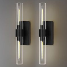 two lights that are on the side of a wall mounted fixture with glass tubes attached to it