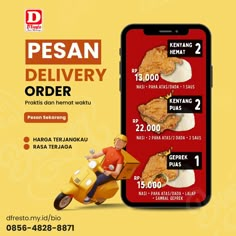 the advertisement for pesan delivery order is displayed on an iphone and in front of a yellow background