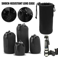 several different types of camera bags and accessories for sale on a white background with the words shock - resistant lens case