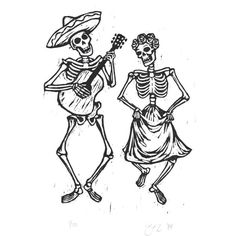 two skeletons playing the guitar and singing to each other in black ink on white paper