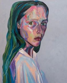 a painting of a woman with green hair and blue eyes, wearing a white shirt