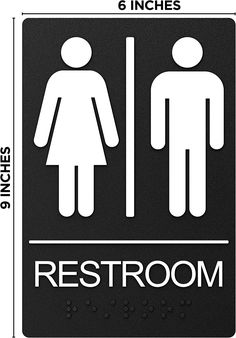 a bathroom sign with the words restroom and an image of a man and a woman