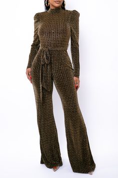 Gold Textured Side Tie Sheer Jumpsuit freeshipping - My Royal Closet Best Jumpsuits, Royal Closet, Golden Fabric, Sheer Jumpsuit, Gold Jumpsuit, High Neck Long Sleeve, Gold Texture, Layered Look, Two Piece Pant Set